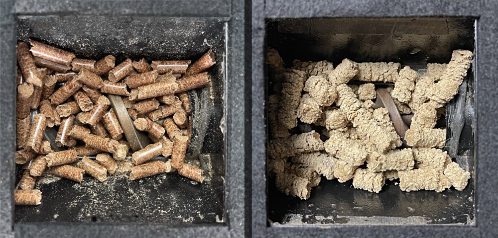 Wood pellets dry and wet in auger